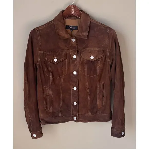 Quince Suede Trucker Jacket Brown Goat Leather Great Patina XS/S READ - Picture 7 of 10